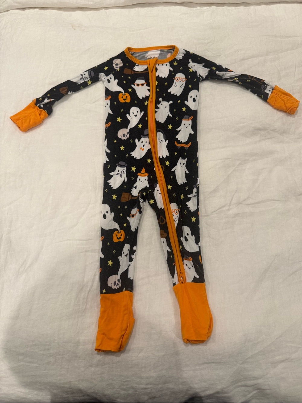 Little Sleepies Black Ghost Print Footed One-Piece with Orange Trim